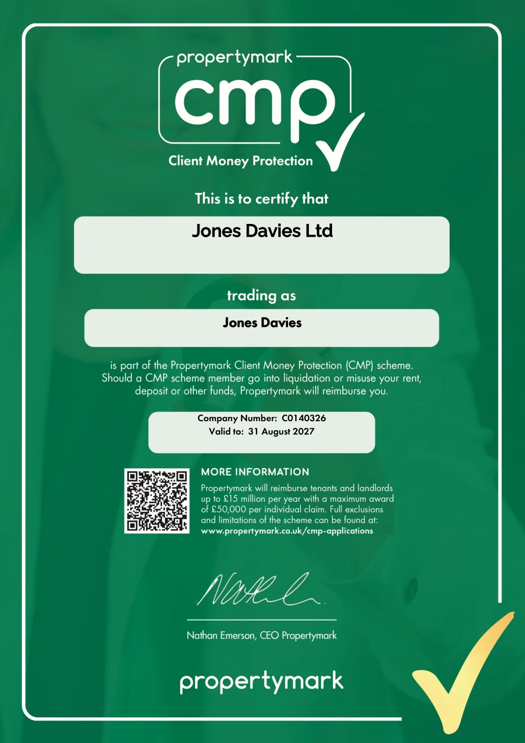 Propertymark Client Money Protection certificate for Jones Davies Ltd, trading as Jones Davies. Company number C0140326, valid to 31 August 2027.